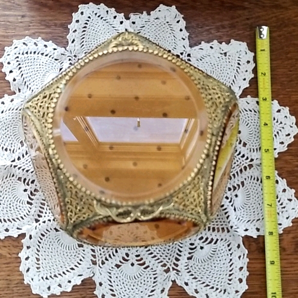 Vintage French Brass Filigree Amber Beveled Glass Ormulu Jewelry Box Casket - Picture 14 of 16